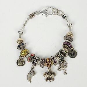 Vtg Silver Tone Charm Bracelet~Ladybug~Frog~Turtle~Italian Horn~Chinese Blessing